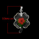2 Acrylic Pendants, Natural REAL FLOWERS, Red with leaves, Clover shape, silver bail, cha0154