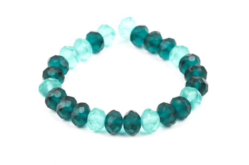 25 Rondelle Czech Pressed Glass Beads, 8mm faceted, dark and light aqua teal blue green bgl0930