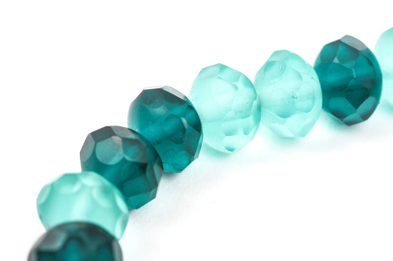 25 Rondelle Czech Pressed Glass Beads, 8mm faceted, dark and light aqua teal blue green bgl0930
