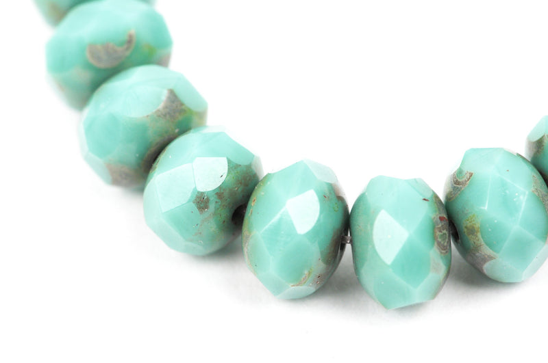 25 Rondelle Czech Pressed Glass Beads, 8mm faceted, turquoise blue green Picasso bgl0931