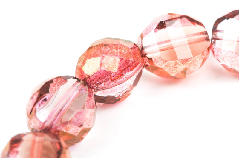 15 ROSE PINK and GOLD Faceted Round Table Cut Czech Glass Beads  12mm x 11mm bgl0944