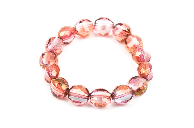 15 ROSE PINK and GOLD Faceted Round Table Cut Czech Glass Beads  12mm x 11mm bgl0944