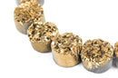 4 DRUZY Natural GEMSTONE Quartz Geode Cabochon Beads, Round, 14mm, 1/2", GOLD Metallic Rock Crystal, flatback with hole,  gdz0046