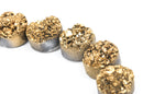 4 DRUZY Natural GEMSTONE Quartz Geode Cabochon Beads, Round, 14mm, 1/2", GOLD Metallic Rock Crystal, flatback with hole,  gdz0046