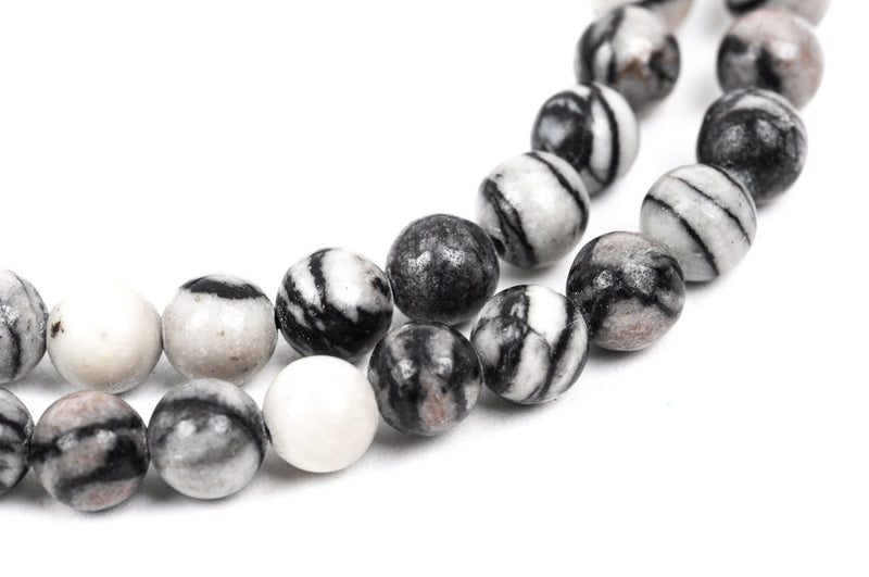 8mm Polished Round ZEBRA JASPER Beads, natural gemstones, black and white, full strand, gja0079