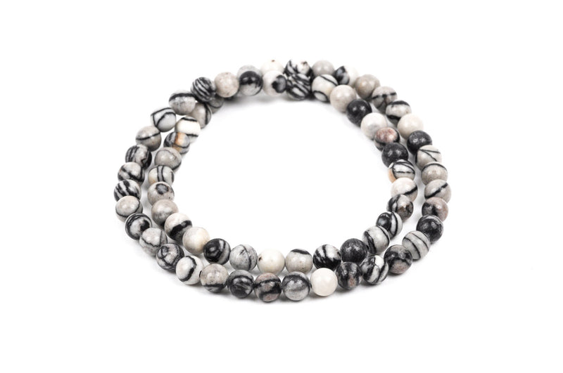 8mm Polished Round ZEBRA JASPER Beads, natural gemstones, black and white, full strand, gja0079