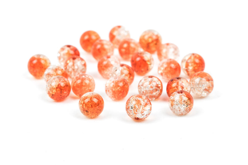 24 Crackle Glass ORANGE and CLEAR Round Glass Beads  8mm  bgl0985