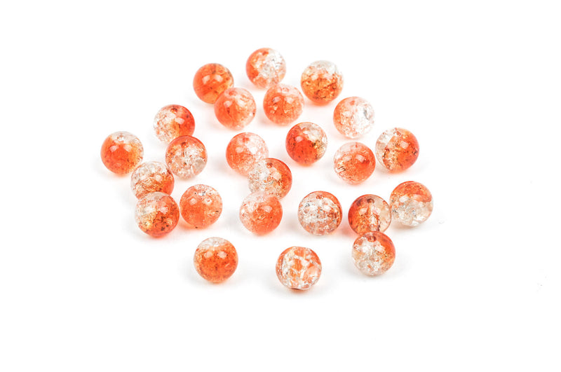 24 Crackle Glass ORANGE and CLEAR Round Glass Beads  8mm  bgl0985