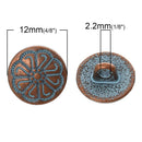 10 Copper Shank Buttons, 12mm (1/2") diameter antiqued with a blue paint wash, shabby chic but0197