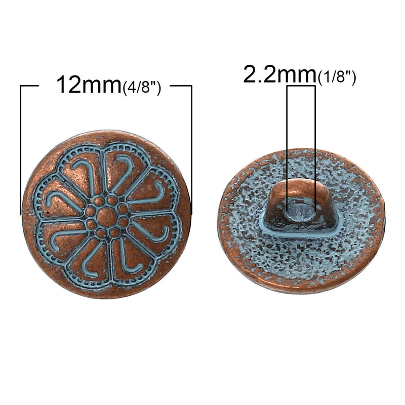 10 Copper Shank Buttons, 12mm (1/2") diameter antiqued with a blue paint wash, shabby chic but0197
