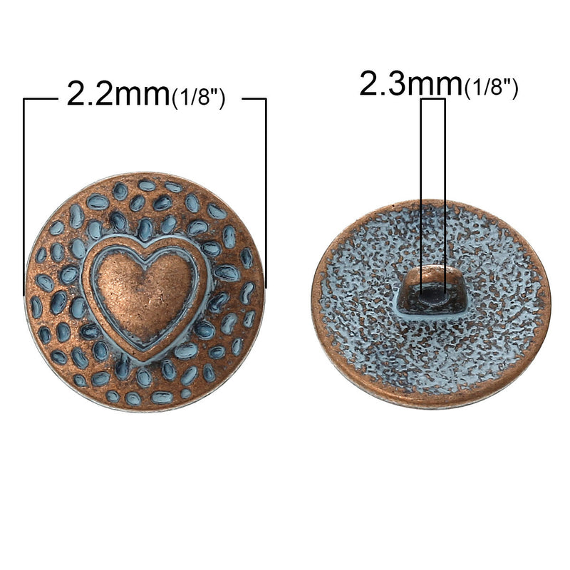 10 Copper Shank Buttons, HEART 18mm (3/4") diameter antiqued with a blue paint wash, shabby chic but0198