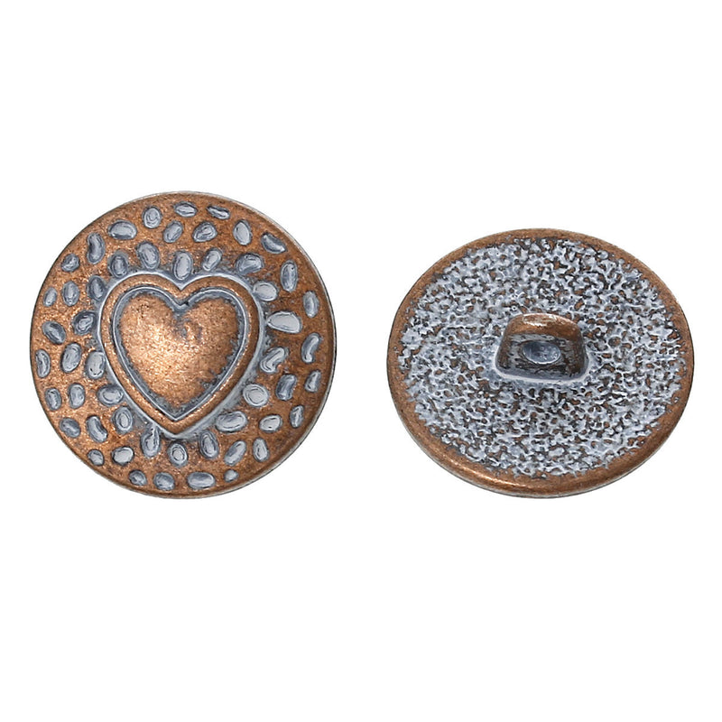 10 Copper Shank Buttons, HEART 18mm (3/4") diameter antiqued with a white paint wash, shabby chic but0196