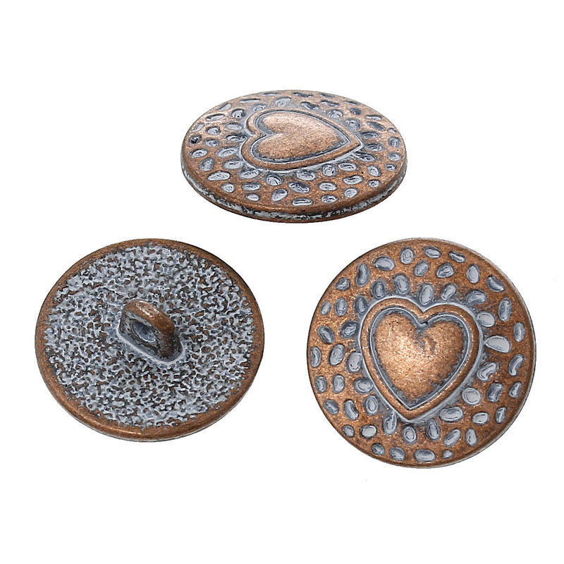10 Copper Shank Buttons, HEART 18mm (3/4") diameter antiqued with a white paint wash, shabby chic but0196
