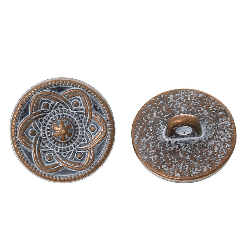 10 Copper Shank Buttons, flower pattern, 15mm (5/8") diameter antiqued with a WHITE paint wash, shabby chic but0199