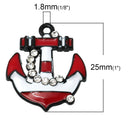 4 ANCHOR Charms, rhinestone anchor pendants, nautical theme, red, white, black che0415