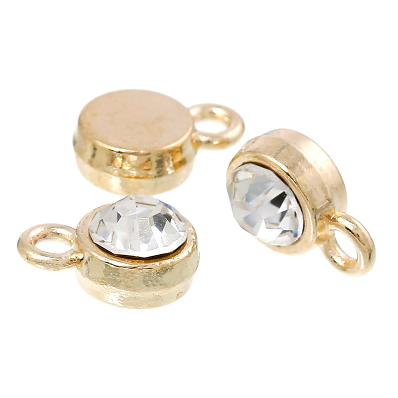 10 Gold Plated Rhinestone Drop Charms, 8mm circle with crystal embedded in center  chg0162