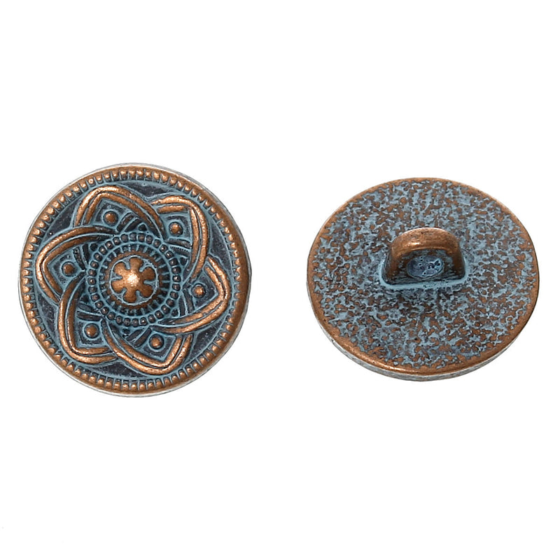 10 Copper Shank Buttons, flower pattern, 15mm (5/8") diameter antiqued with a BLUE paint wash, shabby chic but0195