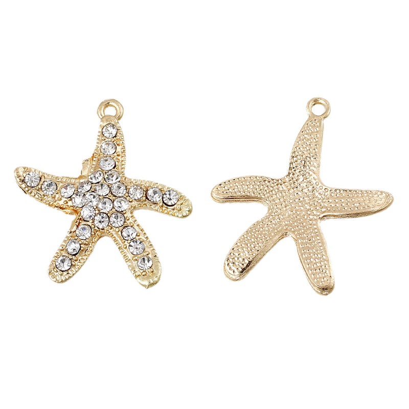 2 Gold Plated STARFISH Charm Pendants with Rhinestones, beach theme, chg0168