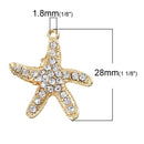 2 Gold Plated STARFISH Charm Pendants with Rhinestones, beach theme, chg0168
