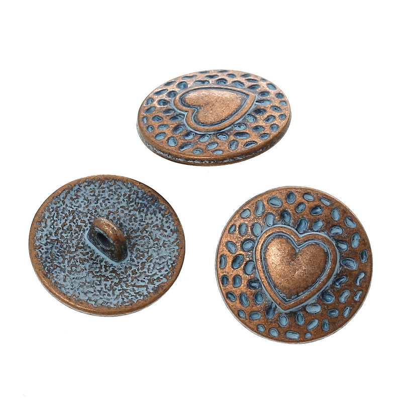 10 Copper Shank Buttons, HEART 18mm (3/4") diameter antiqued with a blue paint wash, shabby chic but0198