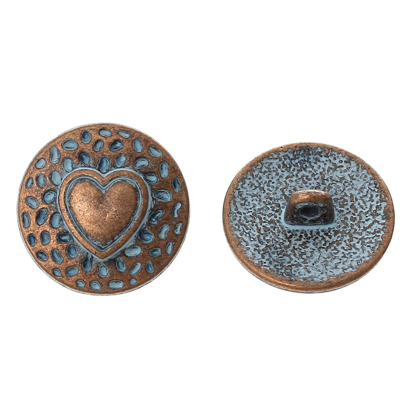 10 Copper Shank Buttons, HEART 18mm (3/4") diameter antiqued with a blue paint wash, shabby chic but0198