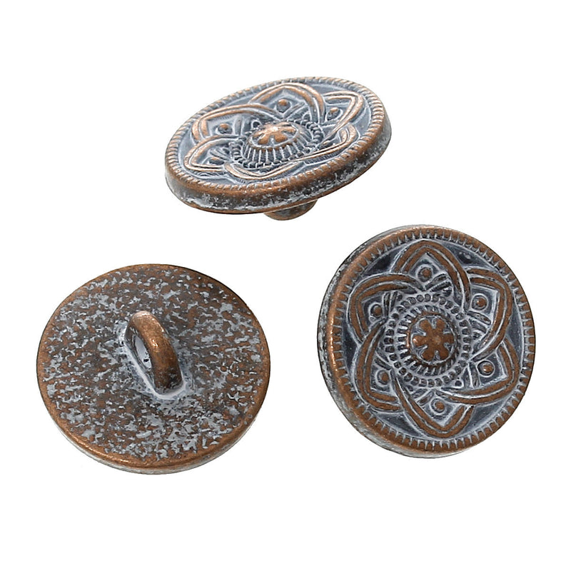 10 Copper Shank Buttons, flower pattern, 15mm (5/8") diameter antiqued with a WHITE paint wash, shabby chic but0199