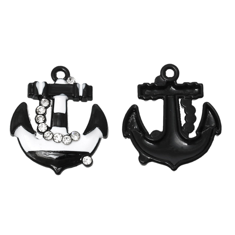 4 ANCHOR Charms, rhinestone anchor pendants, nautical theme, white, black che0416