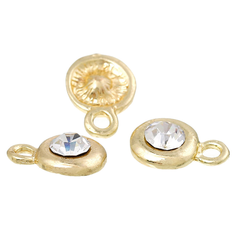 10 Gold Plated Rhinestone Drop Charms, 8mm circle with crystal embedded in center  chg0161