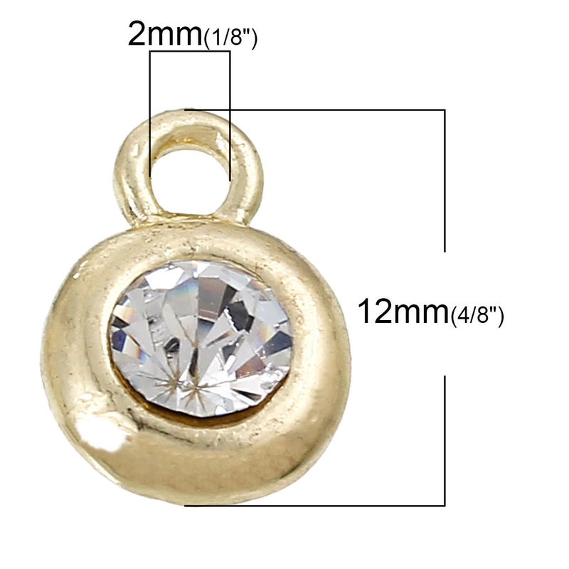 10 Gold Plated Rhinestone Drop Charms, 8mm circle with crystal embedded in center  chg0161