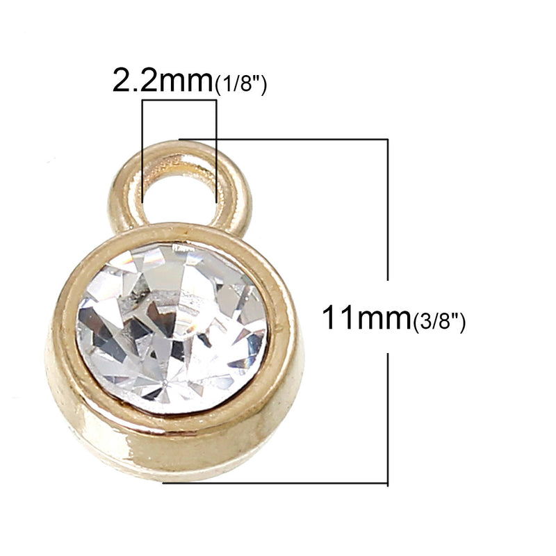 10 Gold Plated Rhinestone Drop Charms, 8mm circle with crystal embedded in center  chg0162