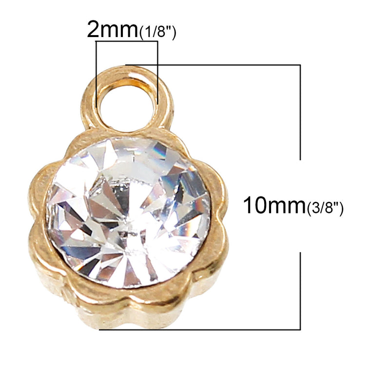 10 Gold Plated Rhinestone Drop Charms, 8mm flower circle with crystal embedded in center  chg0164