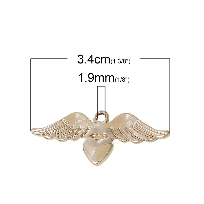 5 Light Gold Plated Angel Wing Charm Pendants, heart in center, chg0166