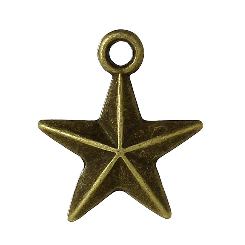 15 Bronze STAR Charm Pendants, double sided design, 1/2" chb0296