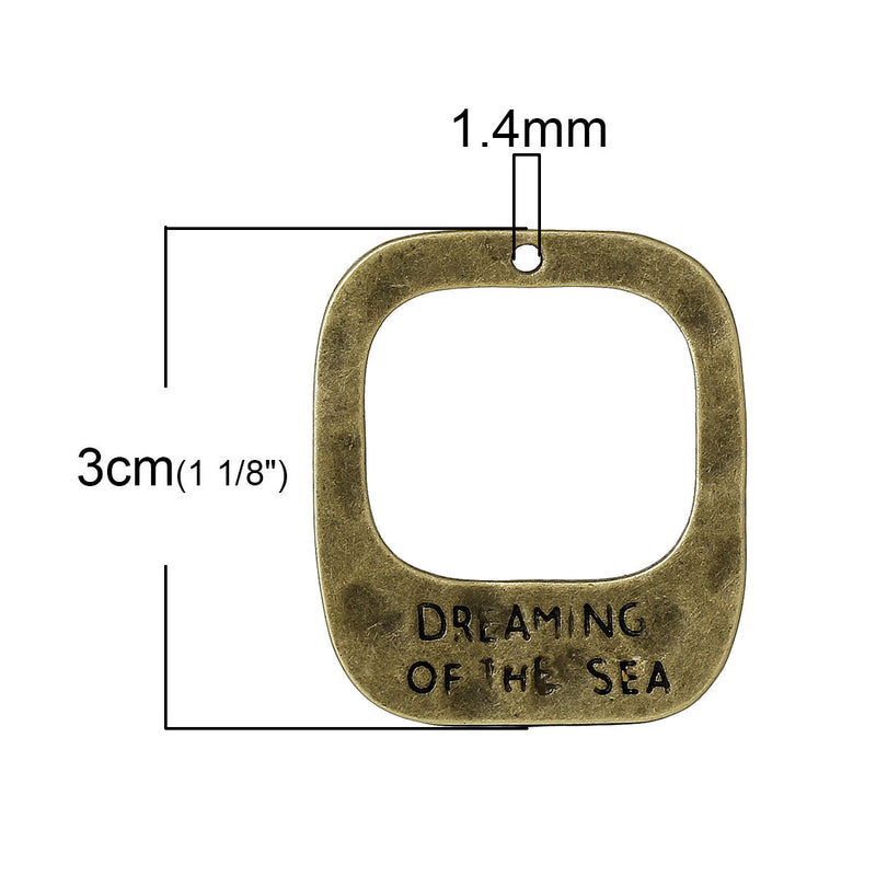 5 Dreaming Of The Sea square frame charm pendants, bronze tone metal, stamped words, for beach theme, good luck charm chb0297