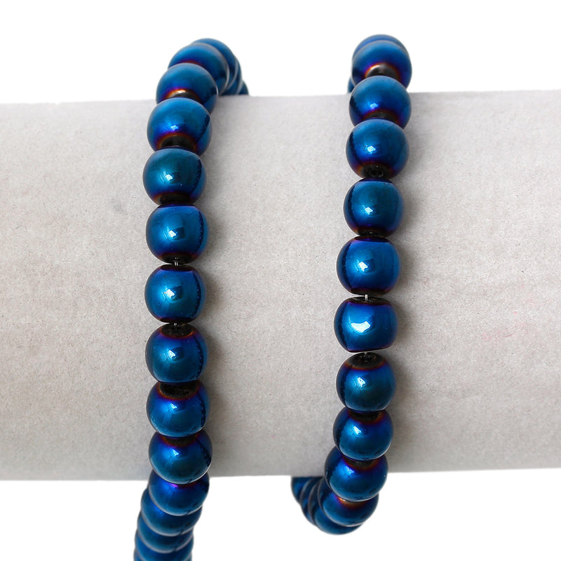 8mm Round Glass Beads with Blue Electroplate, 30" strand 100 beads, bgl0912b