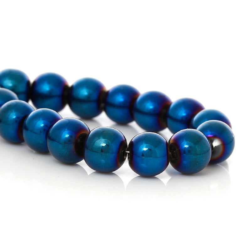 8mm Round Glass Beads with Blue Electroplate, 30" strand 100 beads, bgl0912b