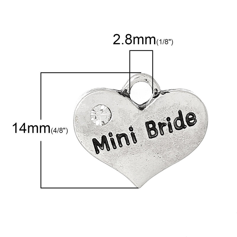 1 Antique Silver Rhinestone "Mini Bride" Heart Charm Pendant 17x14mm  chs1610