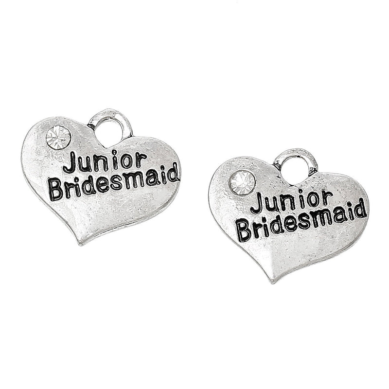 1 Antique Silver Rhinestone "Junior Bridesmaid" Heart Charm Pendant 17x14mm  chs1611a