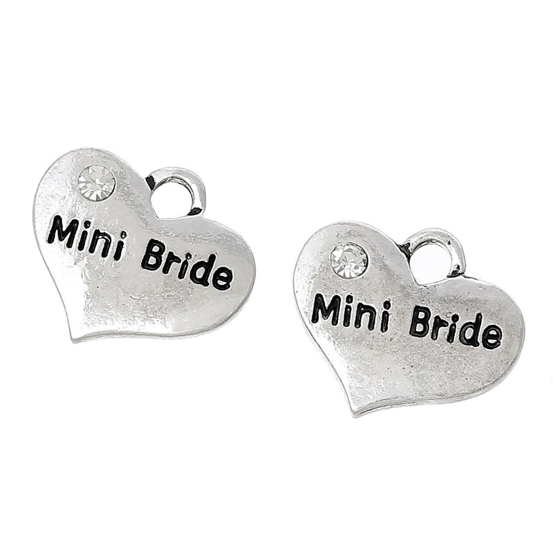 1 Antique Silver Rhinestone "Mini Bride" Heart Charm Pendant 17x14mm  chs1610