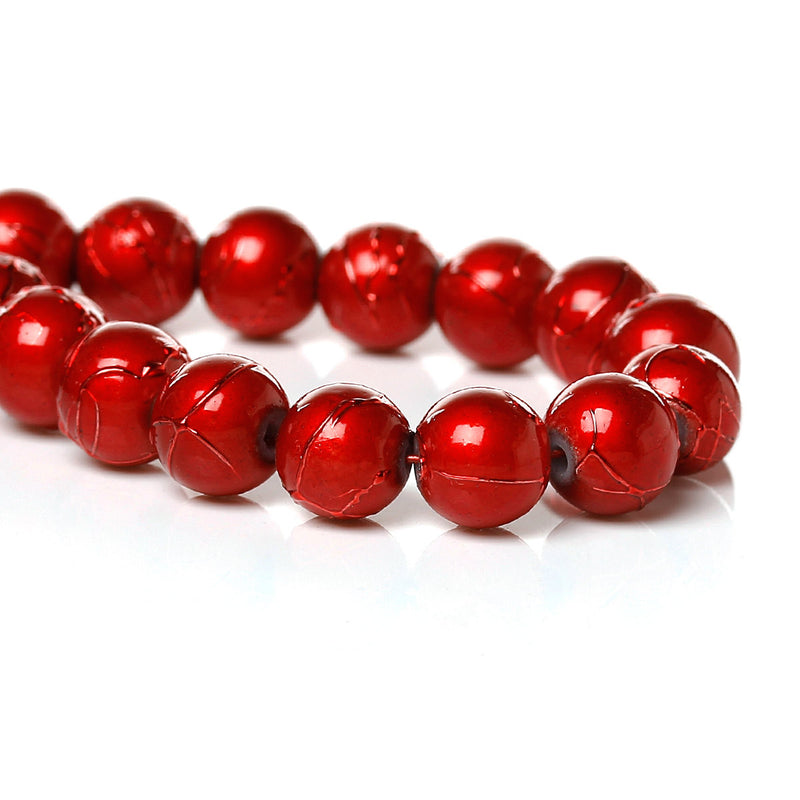 50 BRIGHT RED Metallic Drizzle Glass Beads, Round, 8mm bgl0995