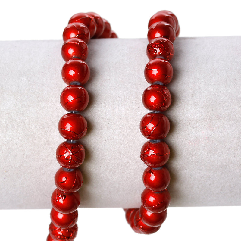 50 BRIGHT RED Metallic Drizzle Glass Beads, Round, 8mm bgl0995
