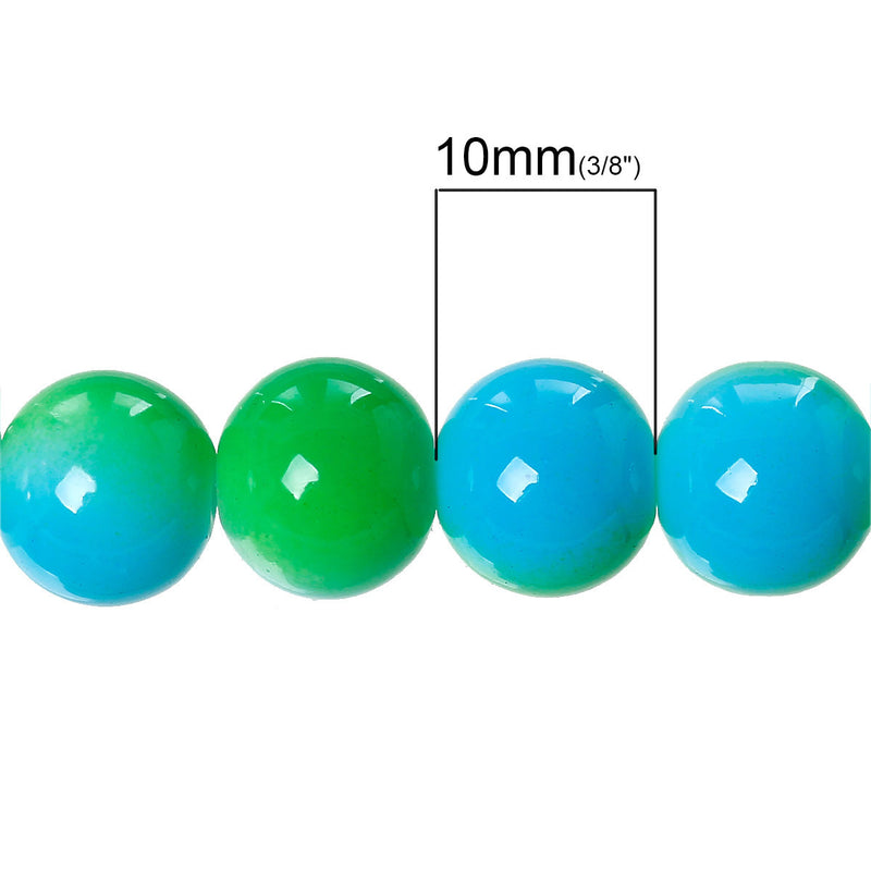 10mm Bright GREEN and TURQUOISE BLUE Glass Beads, Round, two-tone, 32" strand (about 84 beads)  bgl1007