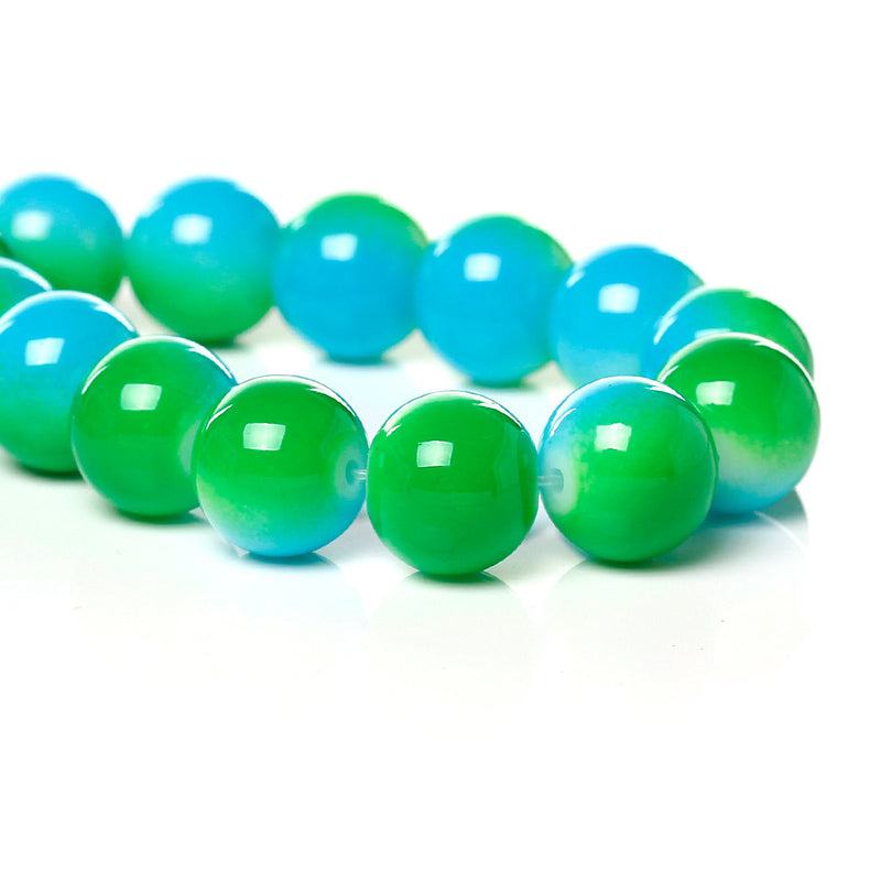 10mm Bright GREEN and TURQUOISE BLUE Glass Beads, Round, two-tone, 32" strand (about 84 beads)  bgl1007