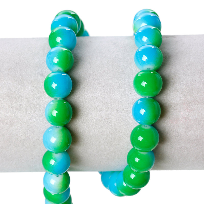 10mm Bright GREEN and TURQUOISE BLUE Glass Beads, Round, two-tone, 32" strand (about 84 beads)  bgl1007