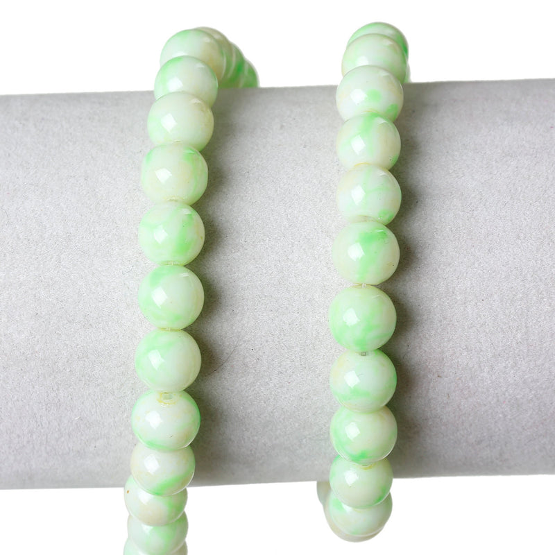 8mm APPLE GREEN and CREAM Marble Glass Beads, Round, 32" strand (about 106 beads)  bgl1010