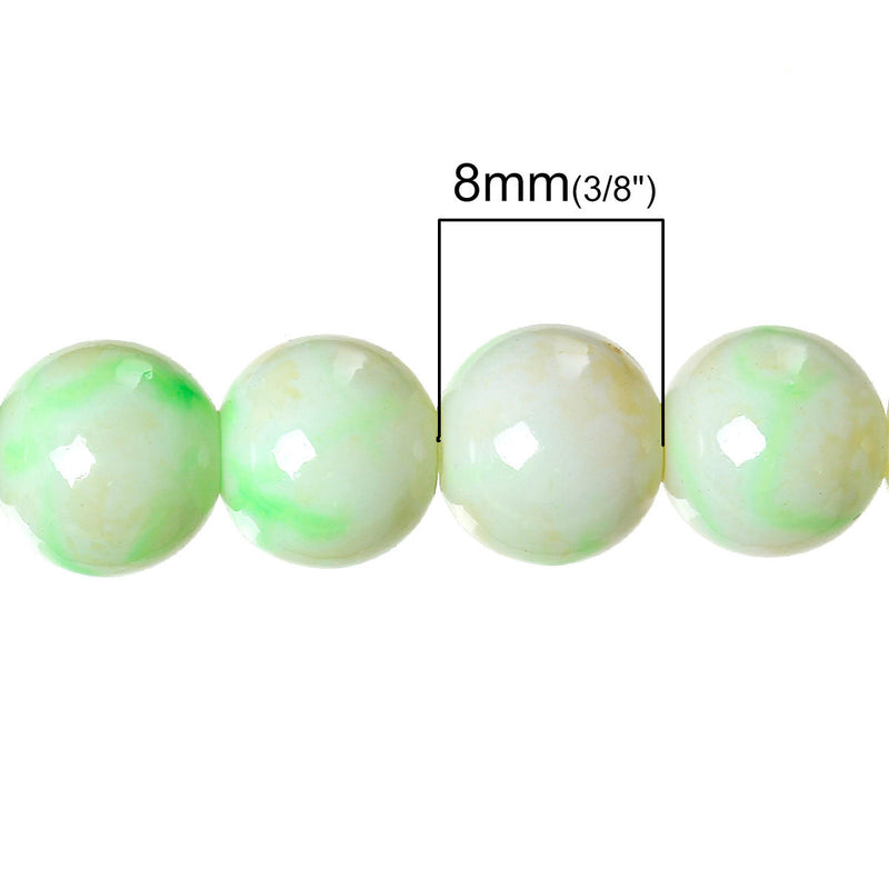 8mm APPLE GREEN and CREAM Marble Glass Beads, Round, 32" strand (about 106 beads)  bgl1010