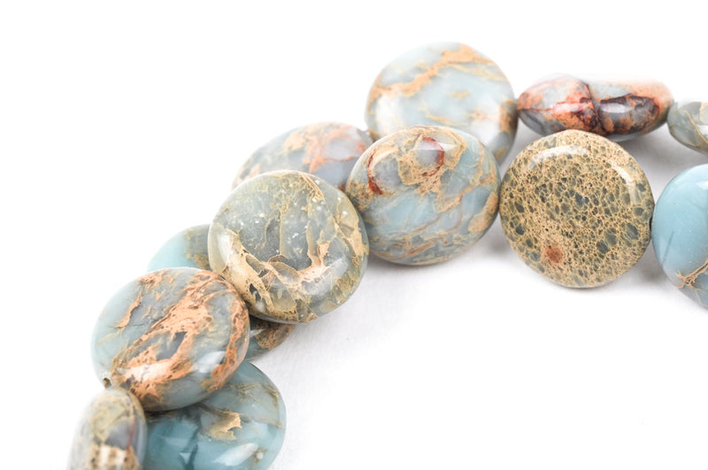 14mm AQUA TERRA JASPER Round Flat Coin Gemstone Beads, natural, blue green, tan, full strand gja0016