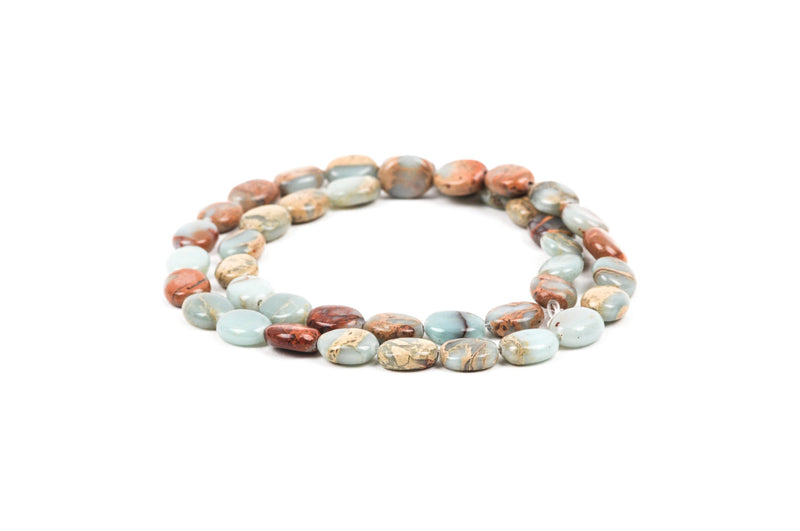 AQUA TERRA JASPER 10x8mm Flat Oval Gemstone Beads, natural, blue green, tan, full strand gja0021