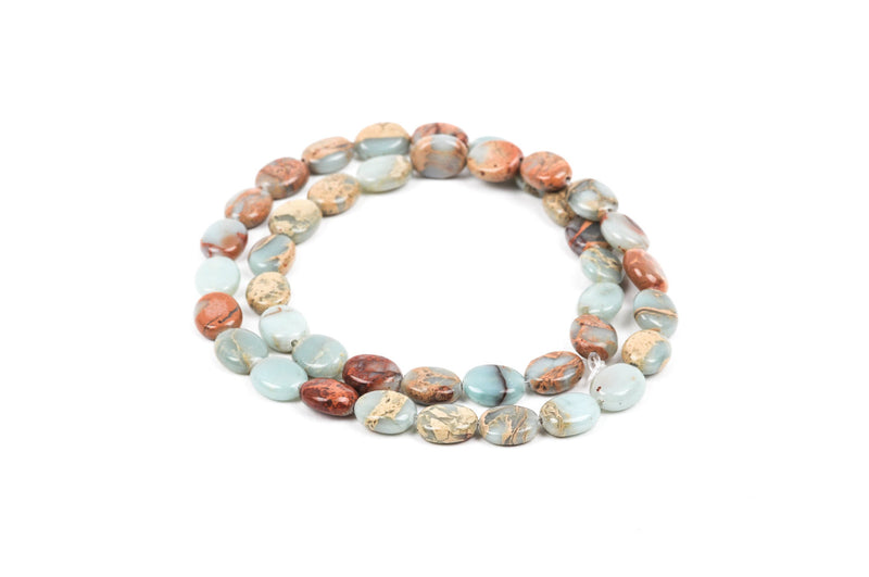 AQUA TERRA JASPER 10x8mm Flat Oval Gemstone Beads, natural, blue green, tan, full strand gja0021