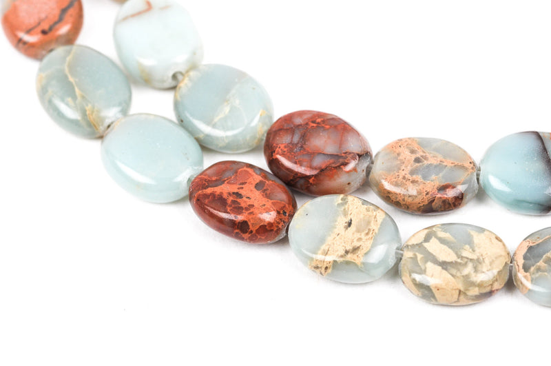 AQUA TERRA JASPER 10x8mm Flat Oval Gemstone Beads, natural, blue green, tan, full strand gja0021